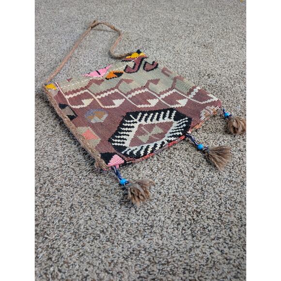 “VNTG, Handmade Kilim Wool Shoulder Bag Tribal Boho Crossbody Purse w/ Tassels - Picture 2 of 16